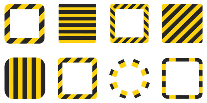 Black yellow caution stripes square frames with attention warning tape borders for construction safety and hazard design