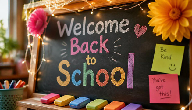 Close-up of chalkboard with handwritten Welcome Back to School in playful multic. High quality comme