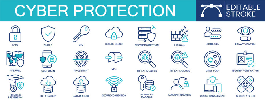 Set of 24 outline icons related to cyber protection. Containing firewall, secure cloud, threat analysis, password manager, data backup and more. Linear icon collection. Editable stroke. Vector 