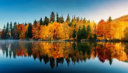 Obraz premium Colorful Autumn Forest Reflecting On Calm Lake At Sunrise