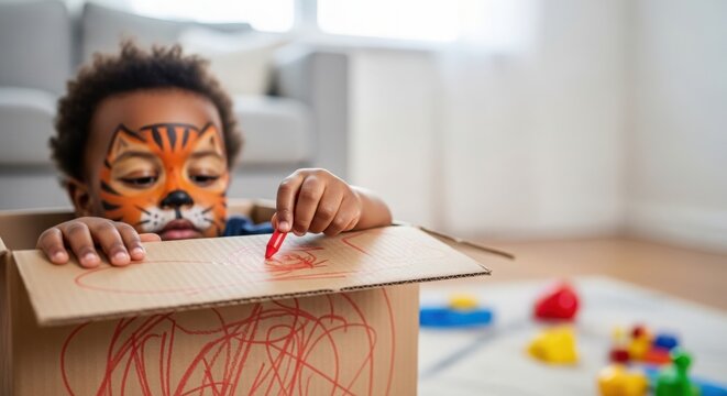 Child drawing in cardboard box with face paint. Kid with artistic expression and creativity using crayons to create colorful designs while playing inside box. Concept of childhood fun and imagination.