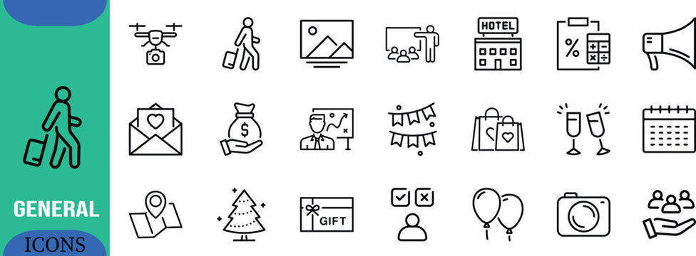 General purpose line art icons. drone icon set, hotel icon set, camera icon set