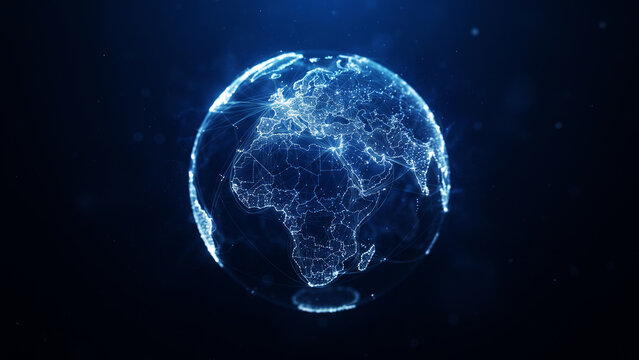 Global Data Network Concept. Showing Earth Connected by Glowing Data Lines and Nodes, Representing Worldwide Communication, Big Data Exchange, Cloud Computing, and Advanced Technology Infrastructure.