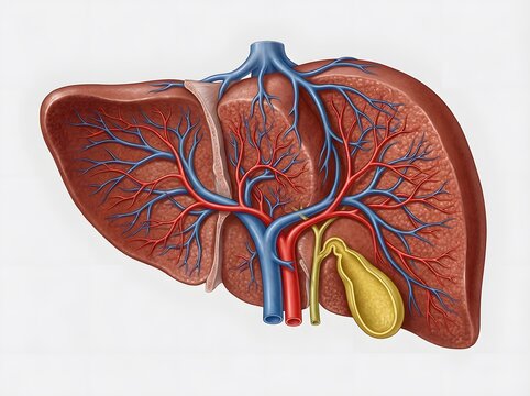 Anatomical illustration of human liver with gallbladder and complex blood