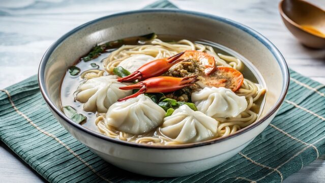 A steaming bowl of Wonton Noodles boasts a delicate balance of savory broth, succulent yellow croaker noodles, and luscious fresh crab roe, evoking t