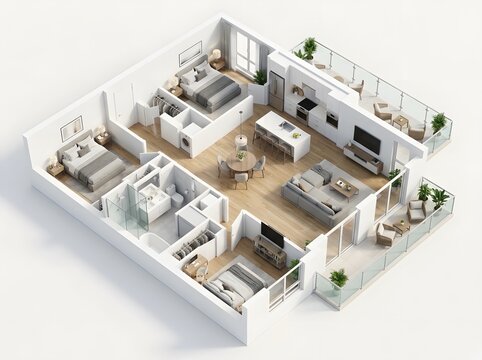 Modern three bedroom apartment floor plan isometric view with apartment