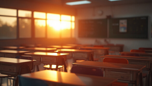 Quiet empty classroom at golden sunset warm orange light filling the room rows o. High quality commercial photo