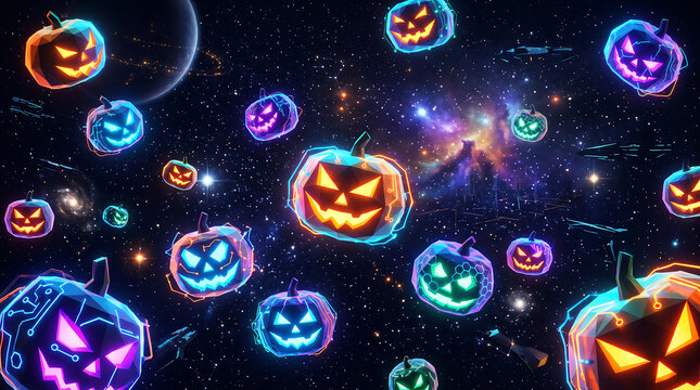 Neon Cyberpunk Jack O Lantern Pumpkins Floating in Space Galaxy Background