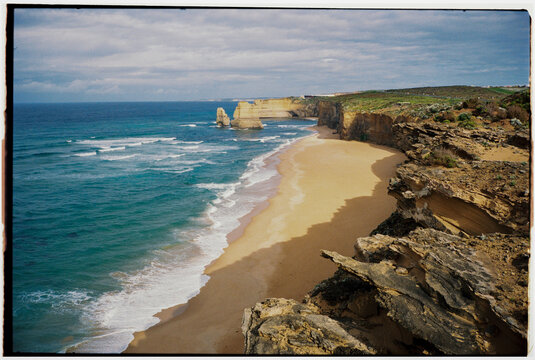 Ocean view from the hill along Great Ocean Road, shot on film 