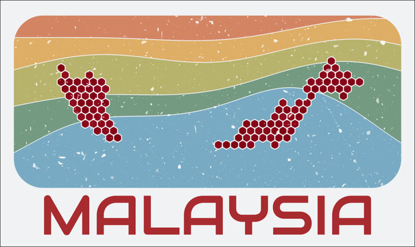 Malaysia vintage logo. Hexagon dots shape of the country on retro colored stripe waves background. Malaysia map design with grunge scratch texture. Vector Illustration.
