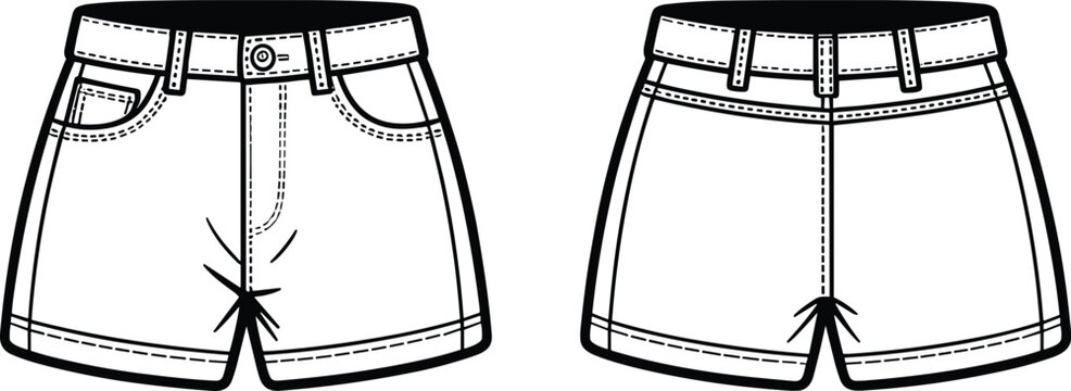 Front and back technical drawing of stylish casual denim shorts perfect for womens fashion design