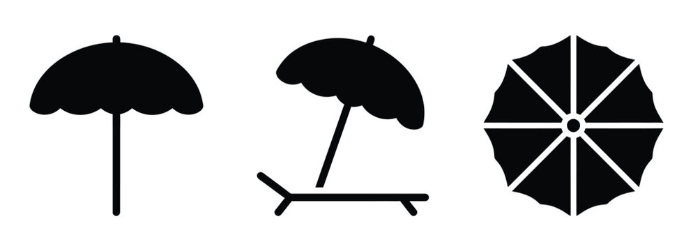 Beach umbrella icon set featuring parasol with lounge chair design. Available in three solid black styles showing standing, reclining, and open umbrella. Perfect vector icons for vacation, summer, and