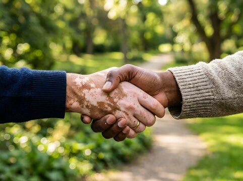 Vitiligo Close-up of diverse people shaking hands in park setting with handshake