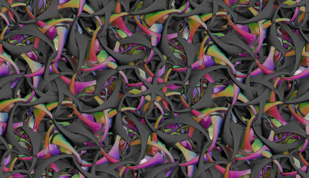 Seamless iridescent geometric pattern with interwoven abstract forms.