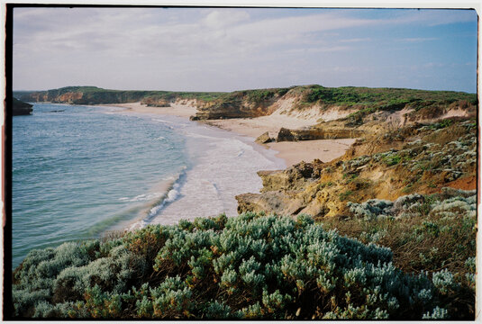 Ocean view from the hill along Great Ocean Road, shot on film 