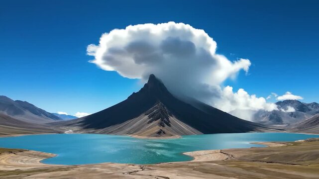 A majestic mountain peak stands tall under a unique white cloud formation