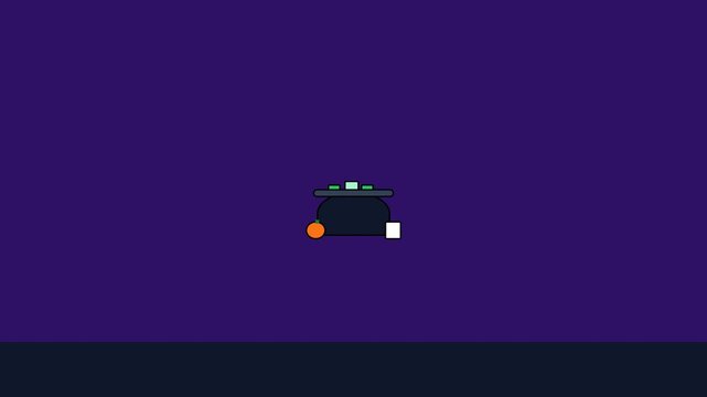 Minimalist witch cauldron icon with vibrant orange fruit and white block resting on a deep purple background motion animation video