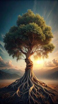 A powerhouse of energy and resilience, a strong tree stands tall against the forces of nature, its roots digging deep into the earth
