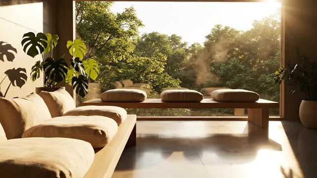 Modern living room with large window overlooking a lush forest