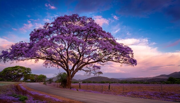 A Striking Jacaranda Tree Showcases Its Vivid Pink Blooms Under A Serene Evening Sky