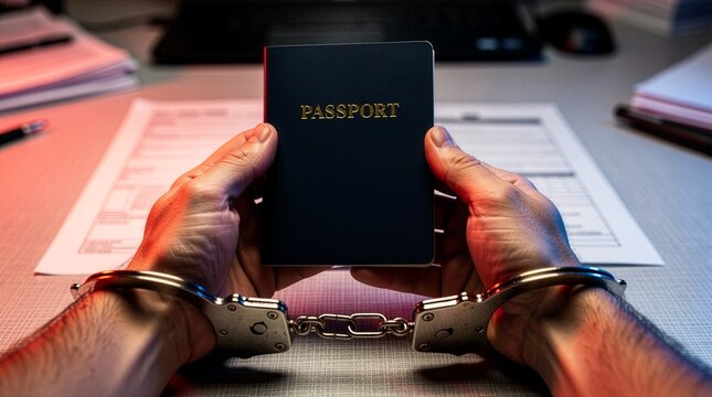 Close up of handcuffed hands holding a generic dark blue passport over official documents on a desk, concept of illegal immigration, border arrest, and law enforcement