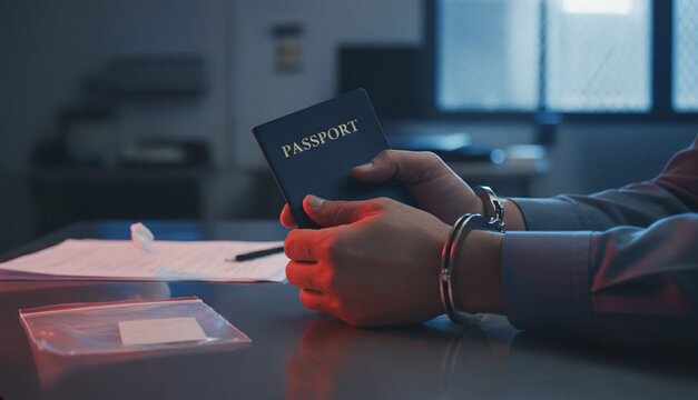 A suspect hands in metal handcuffs holding a generic passport on a desk inside a dim interrogation room, concept of illegal immigration arrest and law enforcement.