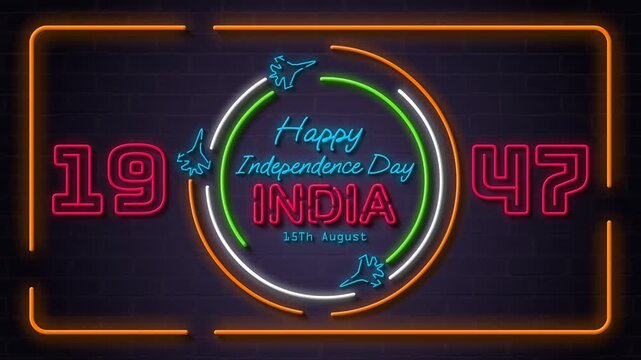 4K India Independence Day loop video in neon style, featuring orbiting fighter jets with tricolor trails, 1947 year text, and greetings on a dark brick wall landscape backdrop.