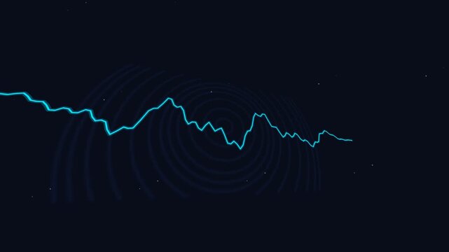Oscillating blue neon wave graph visualizes fluctuating financial data trends in this dynamic digital motion animation video clip for media