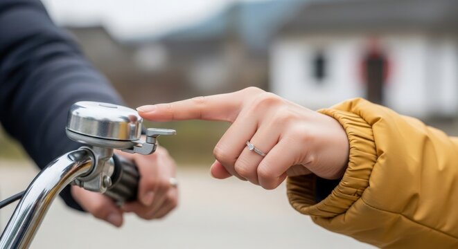 Interaction with bicycle bell, finger pressing bell in casual setting. Person wearing yellow jacket touches bell on handlebars while another person holds bicycle. Concept of cycling and connection.