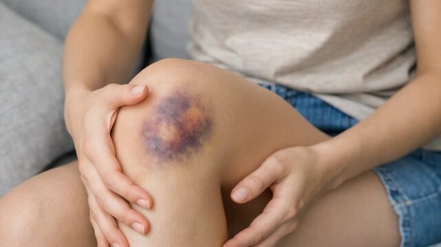 Close-up of a person's knee showing bruising and swelling. The individual is in pain.