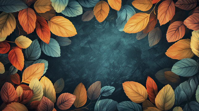 Autumn leaves frame with natural colorful foliage on dark textured background