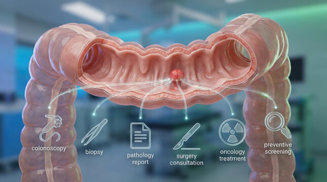 Colon polyp colonoscopy biopsy pathology screening intestine digestive system medical illustration Colon anatomy cross section with polyp highlight for colonoscopy, biopsy, pathology report