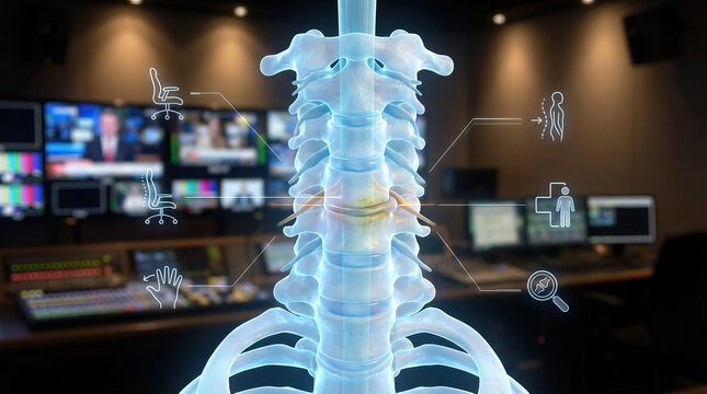 Cervical spine degenerative neck spine vertebra anatomy medical x ray healthcare 3d render, transparent cervical vertebra office workspace background with ergonomic icons, concept for neck pain