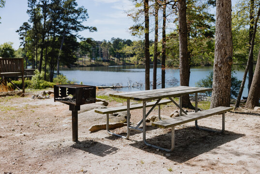 Picnic Table and Grill Beside Lakeside Campsite