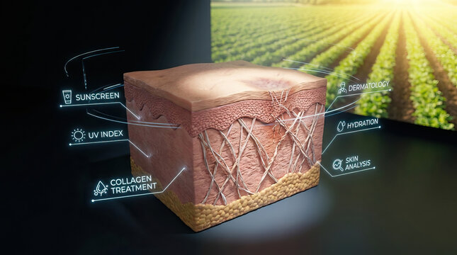 Human facial skin cross section skincare dermatology hydration sunscreen uv index collagen skin analysis epidermis dermis, 3d medical illustration showing skin layers and collagen fibers