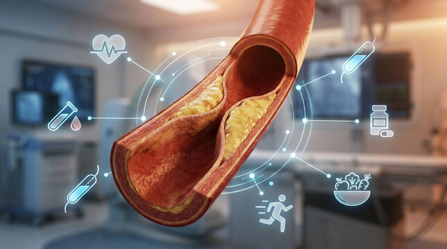 Human coronary artery plaque atherosclerosis artery cholesterol cardiovascular disease medical illustration blockage blood vessel cardiology, 3D render hospital setting, clinical concept for heart