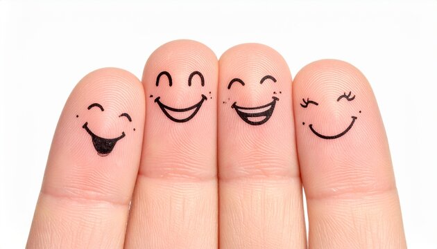 A delightful close-up capturing four human fingers, each uniquely adorned with a cute, hand-drawn smiling face, profoundly symbolizing the pure joy and unbreakable bond of a best friend