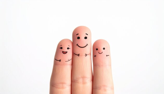A heartwarming close-up shot capturing three human fingers adorned with cute hand-drawn smiling faces, symbolizing the unbreakable bond of a best friend group and shared happiness