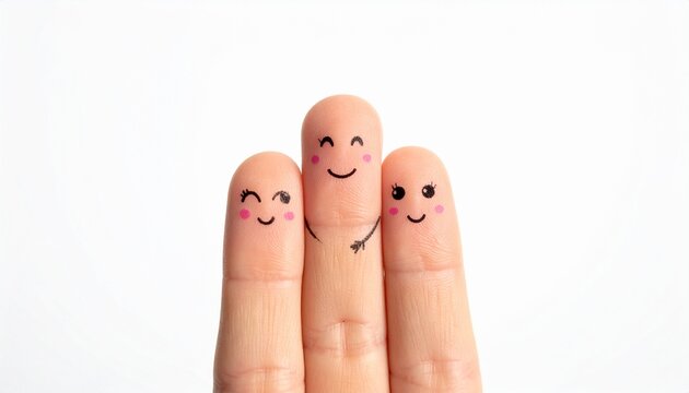 A heartwarming close-up of three human fingers, each with a hand-drawn smiling face, beautifully symbolizing the unbreakable bond of best friendship, togetherness, and joy on a bright white background
