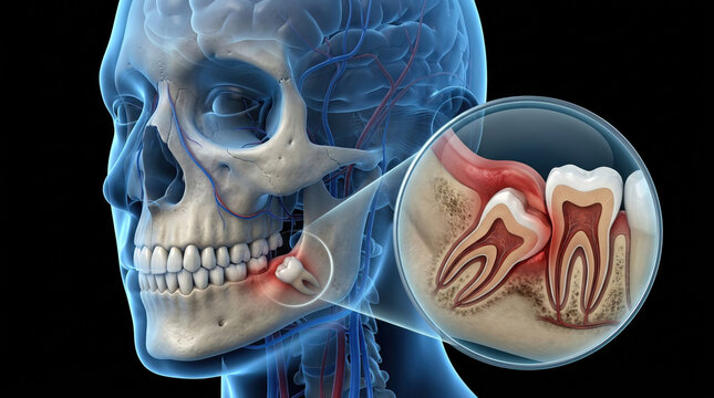 Human head wisdom tooth molar jaw dental inflammation 3D illustration medical anatomy pain concept showing impacted wisdom tooth, jawbone, gum swelling, tooth root inside skull xray style cutaway