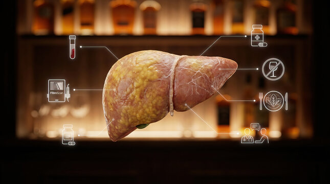 Human liver alcohol fatty liver liver disease blood test health medical diagnosis hepatology enlarged human liver illustration with alcohol background, blood test icons, medical diagnostics