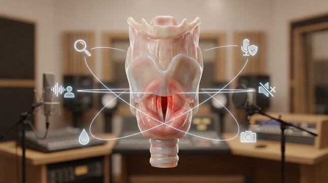 Human larynx vocal cord throat anatomy voice speech medical illustration 3d render studio microphone concept of vocal health, speech therapy, voice recording, sound control, and clinical education