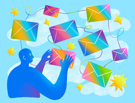 Man reaching for colorful envelopes among clouds in blue sky