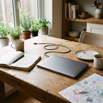 Traces of human activity on a wooden desk with a closed laptop, open notebook, coffee mugs, a plate of crumbs, and a child's colorful drawing.
