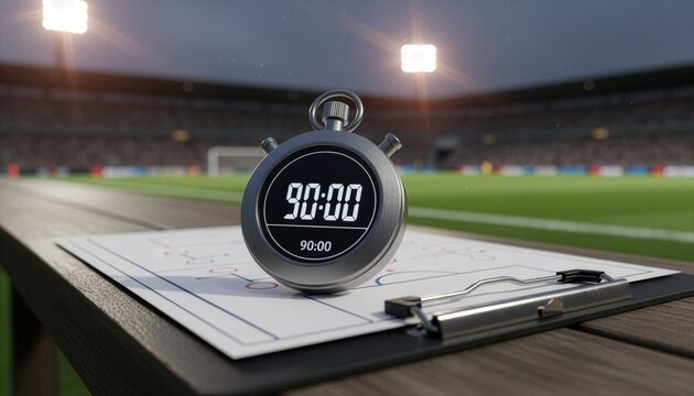 A digital stopwatch showing ninety minutes on top of a football strategy board by the pitch inside a large stadium, concept of full time score and sports match timing. 