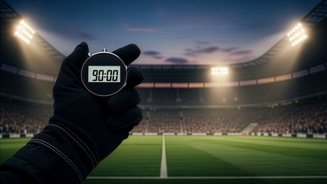 Close up of a hand wearing a black glove holding a digital stopwatch showing ninety minutes inside a large football stadium with bright arena floodlights.