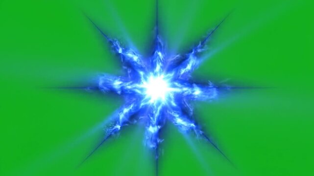 A bright blue glowing star with sharp rays on a green background