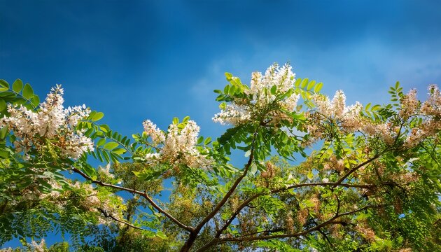 Black Locust Trees Blooming Vibrant Flowers Against Blue Sky