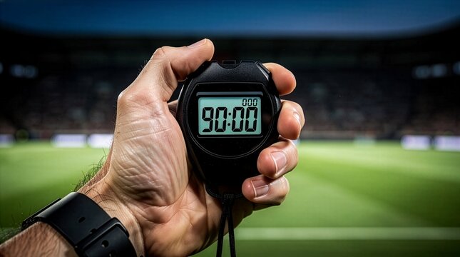 Close up of a man hand holding a black digital stopwatch showing ninety minutes with a large football stadium pitch blurred background, concept of match full time