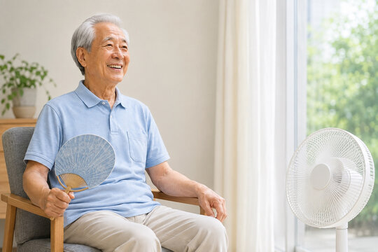 夏のリビングでリラックスするシニア男性